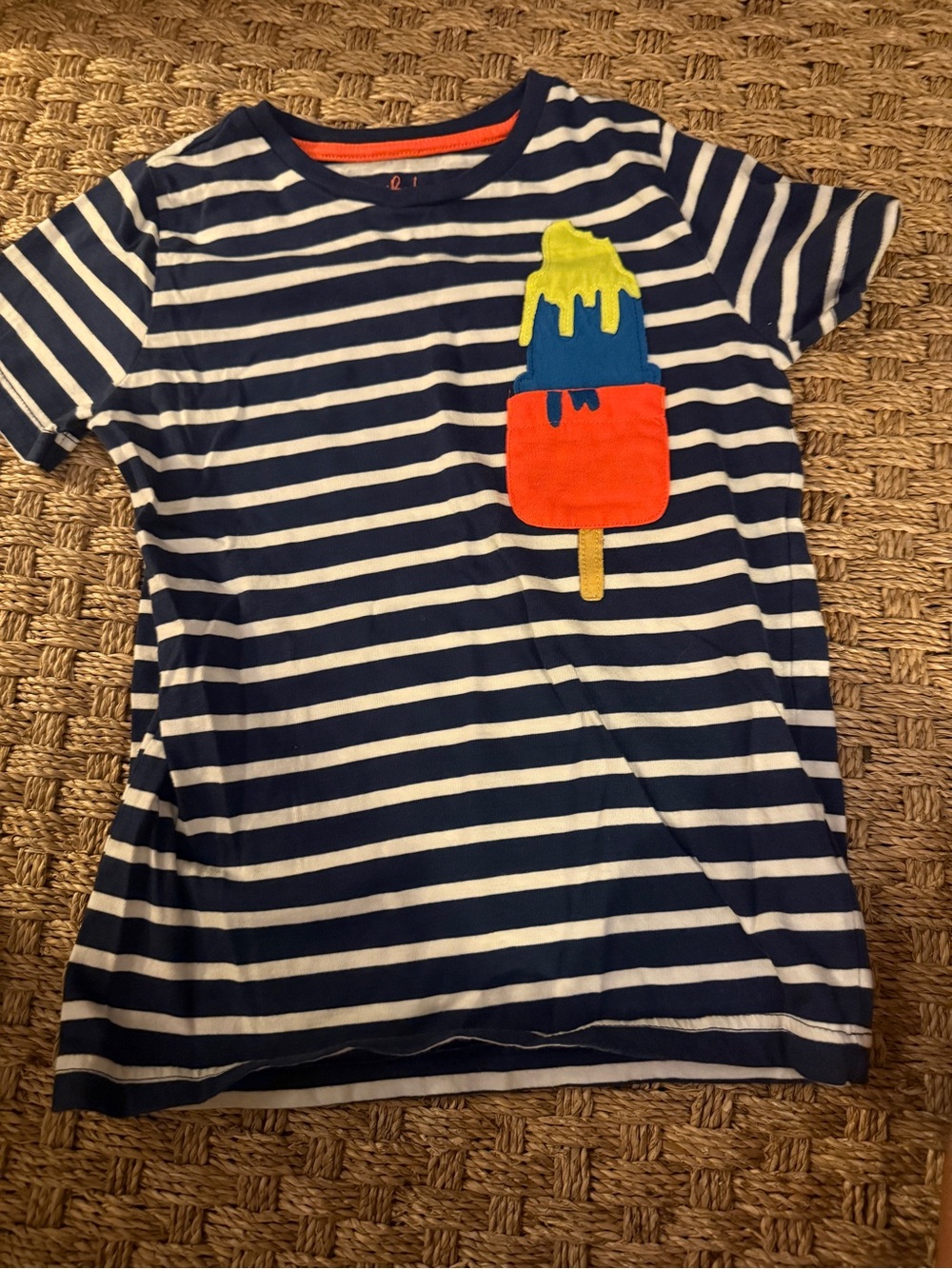 Mini Boden Navy & White Striped Tee with Bright Popsicle Patch